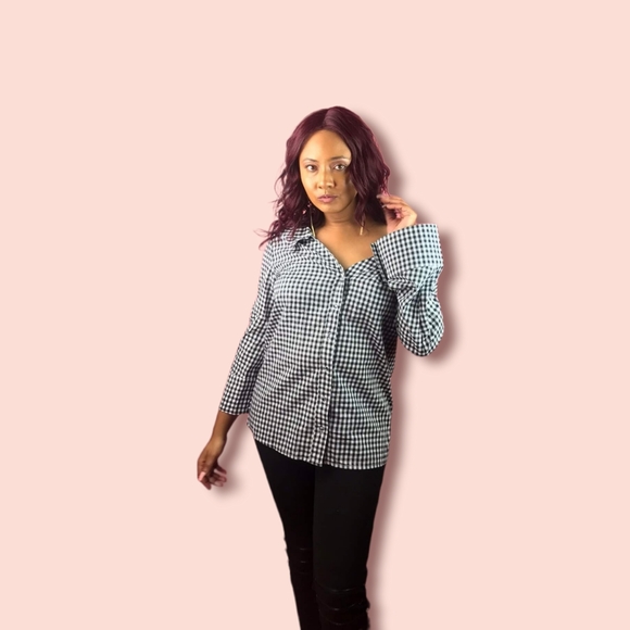 Off The Shoulder Gingham  Women's Button Down Long Sleeve Top - Picture 7 of 7
